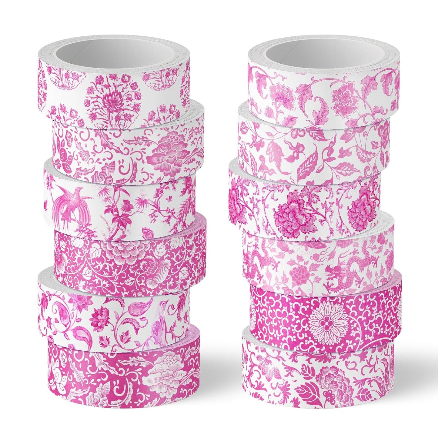 Whaline 12 Rolls Pink Floral Washi Tape Chinoiserie Flower Decorative Masking Tape Set Vintage Wrapping Paper Tape for Scrapbook Journal DIY Art Crafts