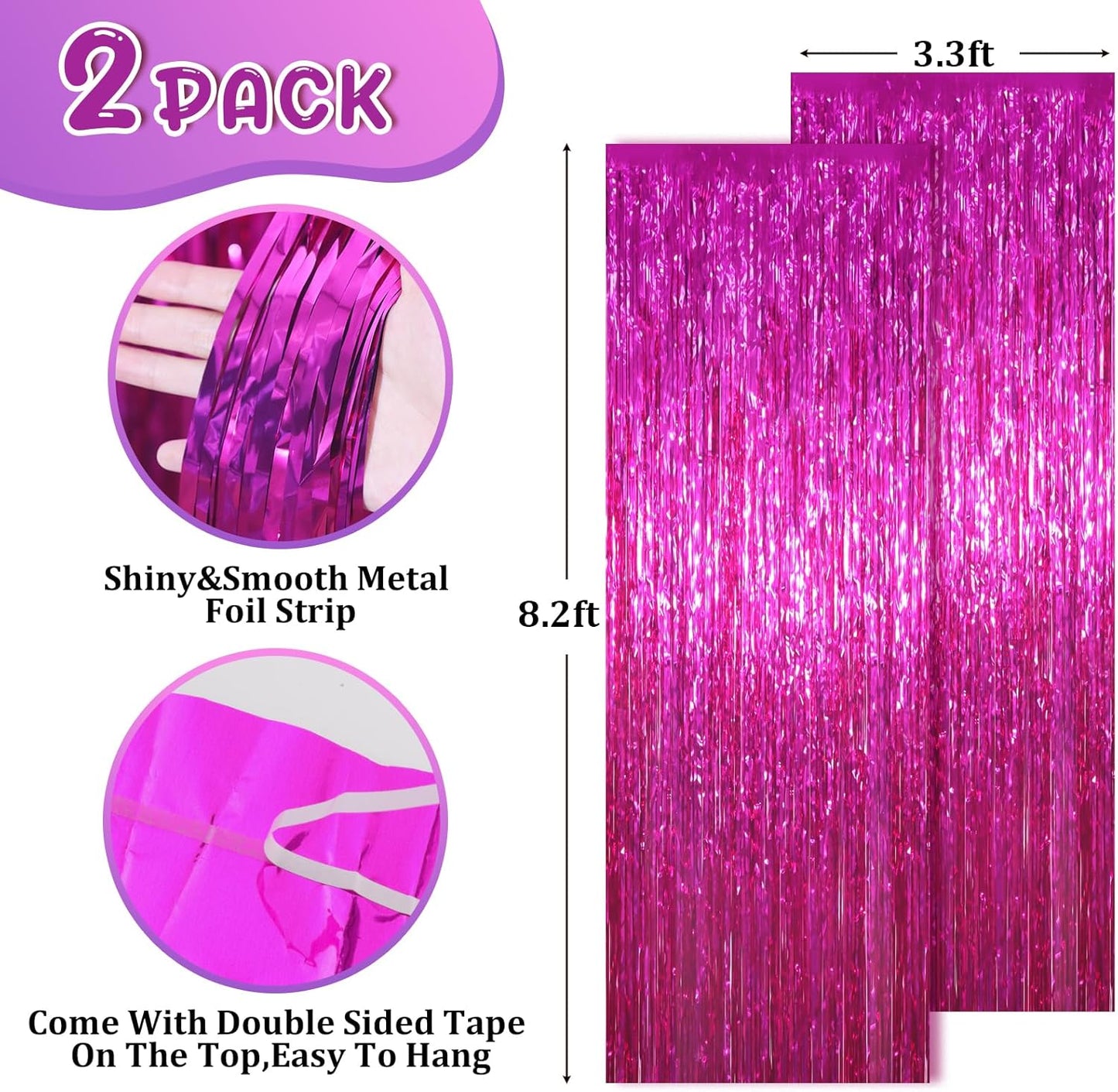 2 Pack Pink Foil Fringe Backdrop Curtains, Tinsel Streamers Birthday Party Decorations, Fringe Backdrop for Graduation, Baby Shower, Gender Reveal, Disco Party