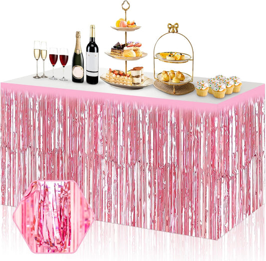 3 Pack 29x108 Inch Pink Foil Fringe Table Skirts Metallic Banner for Tinsel Streamer Garland Backdrop for Parade Floats Wedding Thanksgiving Birthday Christmas Halloween Party Decoration