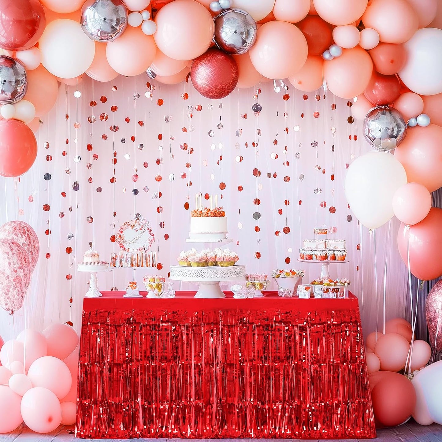 3 Pack Red Dark Blue Silver Table Skirts, 29x108" Metallic Foil Tinsel Fringe Table Skirt for Rectangle Tables Streamer Curtains Backdrop, Party Decorations for Birthdays, Weddings, Holidays