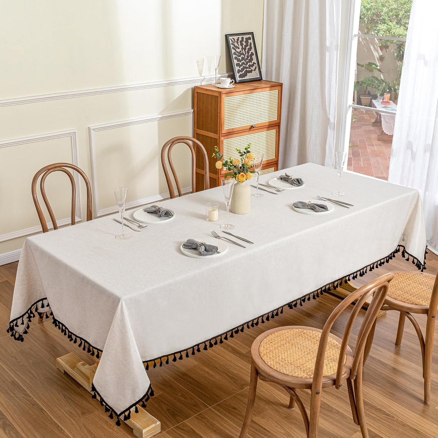 MYSKY HOME Table Cloth 60x120 in Rectangle, Heavy Duty Cotton Tassel Linen Look Waterproof Tablecloths Farmhouse Tablecloth, Wrinkle Free Table Cover with Black Tassels for Kitchen Dining, Party