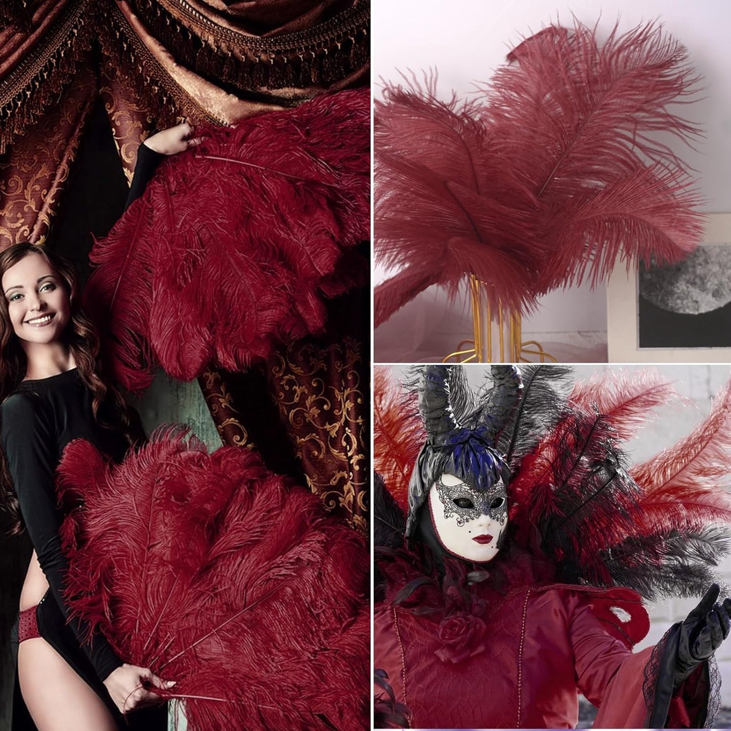 NEWONG 30pcs Wine red Ostrich Feathers Natural Bulk 9-12in（23-30cm） Vase Craft Wedding Home Party Centerpieces Christmas Day Decoration