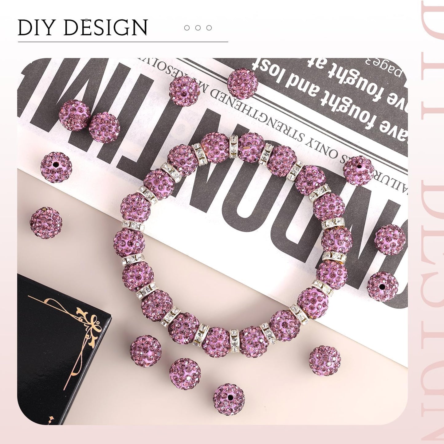 100pcs 10mm Rhinestone Beads for Jewelry Making, Light Purple Shiny Round Shamballa Disco Beads Bulk, Sparkle Crystal Clay Christmas for Bracelet Baseball Necklace Earring Crafting and DIY