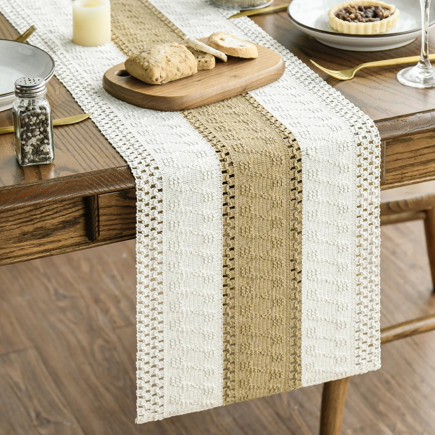 Artoid Mode Burlap Brown Farmhouse Rustic Table Runner, Seasonal Holiday Hollow Kitchen Dining Table Decoration for Home Party Decor 12x108 Inch