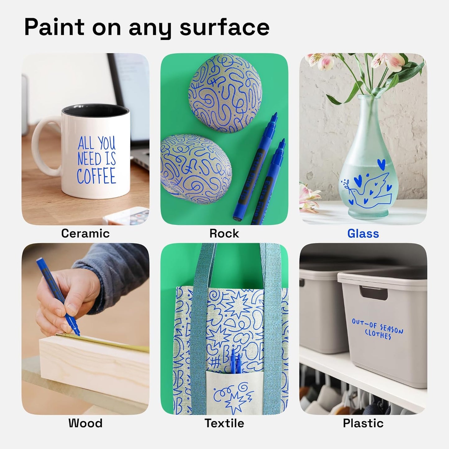 ARTISTRO Blue Permanent Marker - Set of 2 Black Paint Pen, Oil Based Paint Markers Extra-Fine Tip 0.7mm, Waterproof Quick Dry Black Marker for Rock Painting, Ceramic, Glass, Wood, Tire, Fabric & More