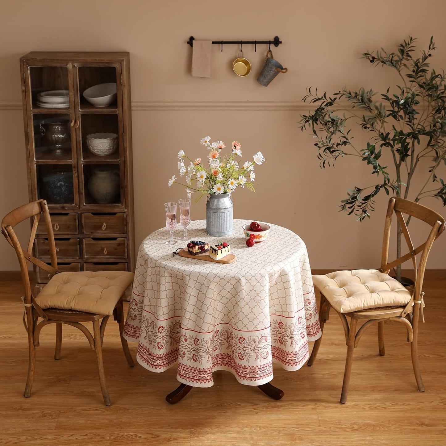 ISAENNE Designer Linen Floral Round Tablecloth,Pale Yellow Elegant Farmhouse Indoor Table Cloth,Durable Decor Tablecloths for Dining Kitchen Thanksgiving Christmas,Diameter 67"-Chamonix A