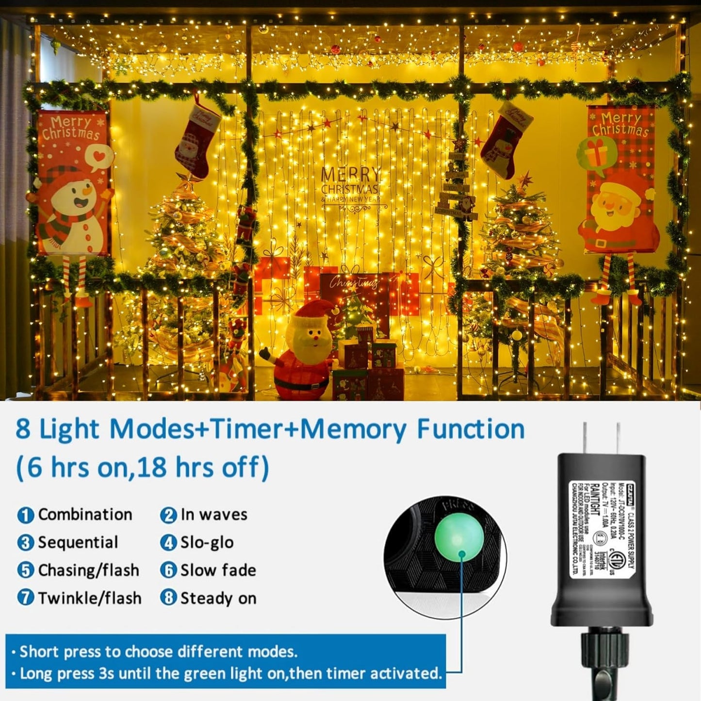 YEGUO 200 LED 66ft Christmas Lights Outdoor Waterproof, Warm White String Light Indoor, 8 Modes Green Wire Twinkle Xmas Tree Light Plug in with Memory Timer