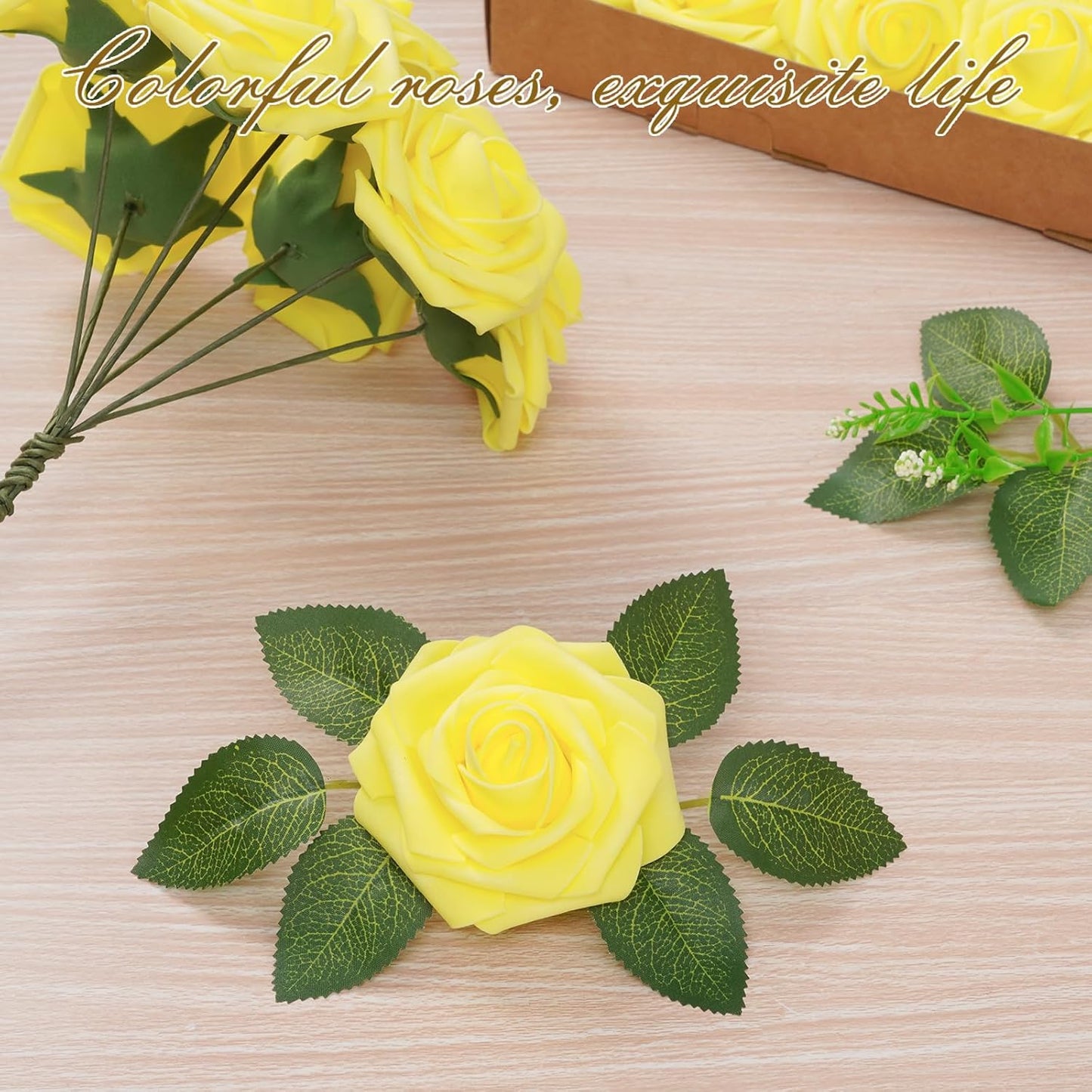 BLEUM CADE 16Pcs Artificial Flowers Fake Roses with Stems, Yellow Boxed Foam Roses for DIY Bouquets Centerpieces Wedding Party Arrangement Bridal Shower Decor