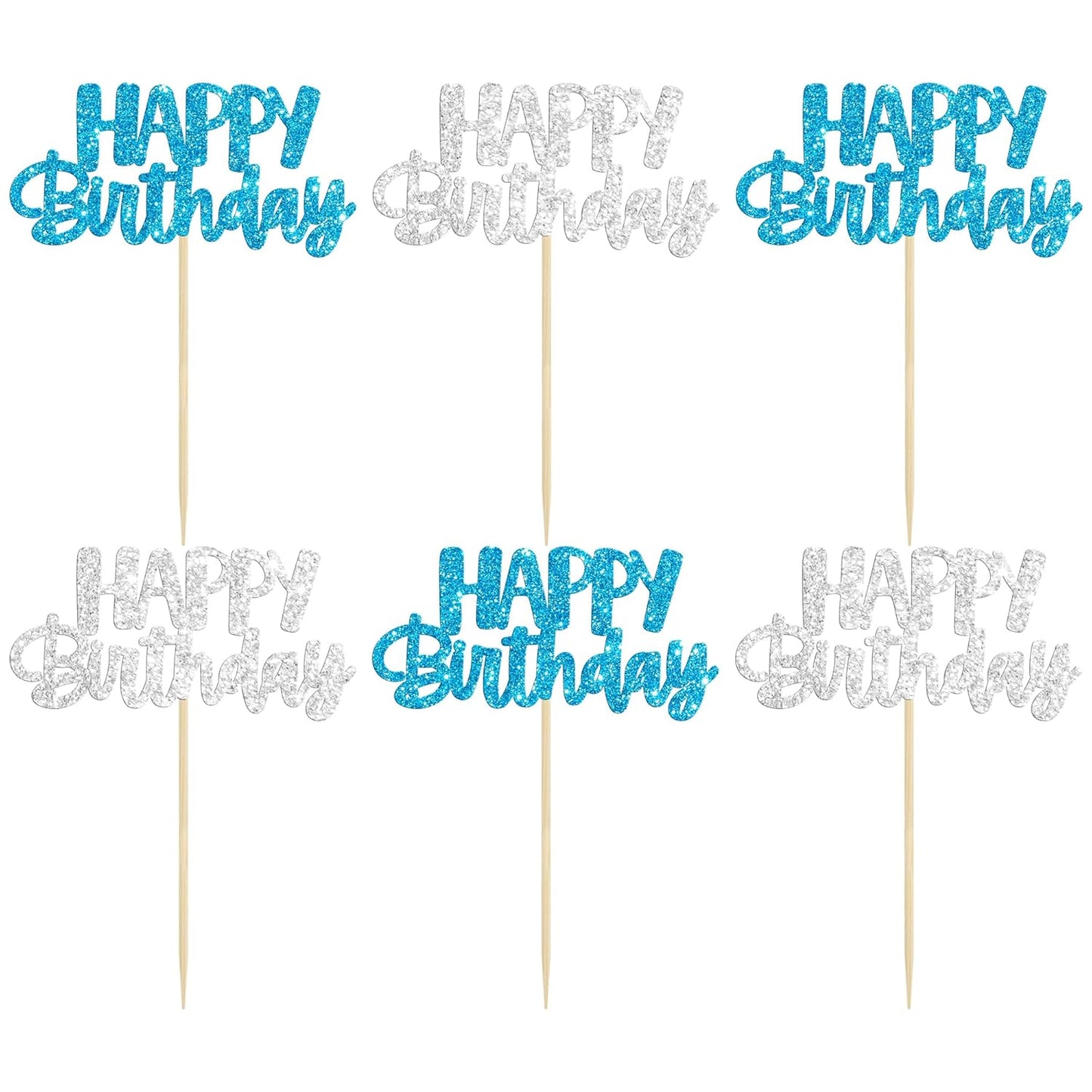 Gyufise 24Pcs Happy Birthday Cupcake Toppers Glitter Birthday Cupcake Food Picks for Celebrating Winter Wonderland Theme Party Cake Decorations Supplies Blue Silver