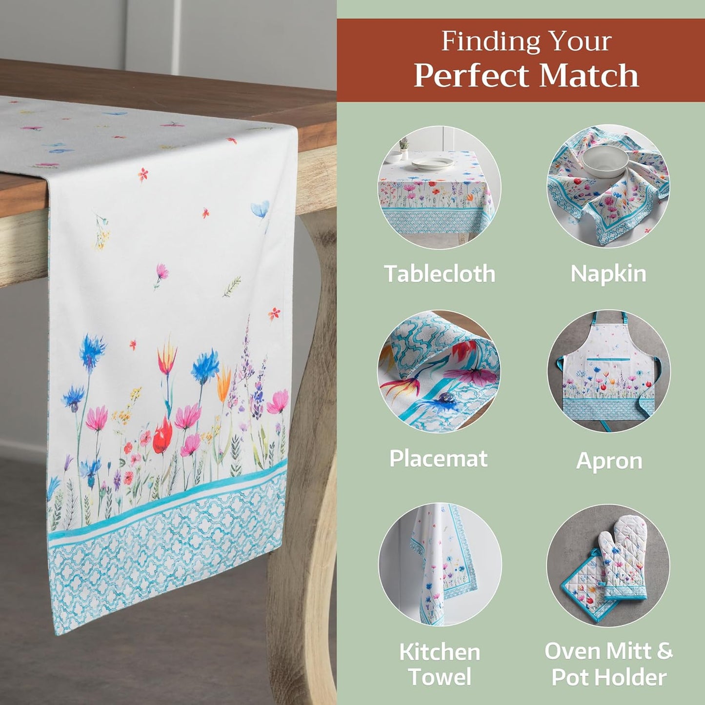 Maison d' Hermine Table Runner 100% Cotton Double Layer Table Runners 72 inches Long Decorative for Home Kitchen Dining Party Wedding Bridal Shower Spring Summer (Flower in The Field, 14.50" x 72")