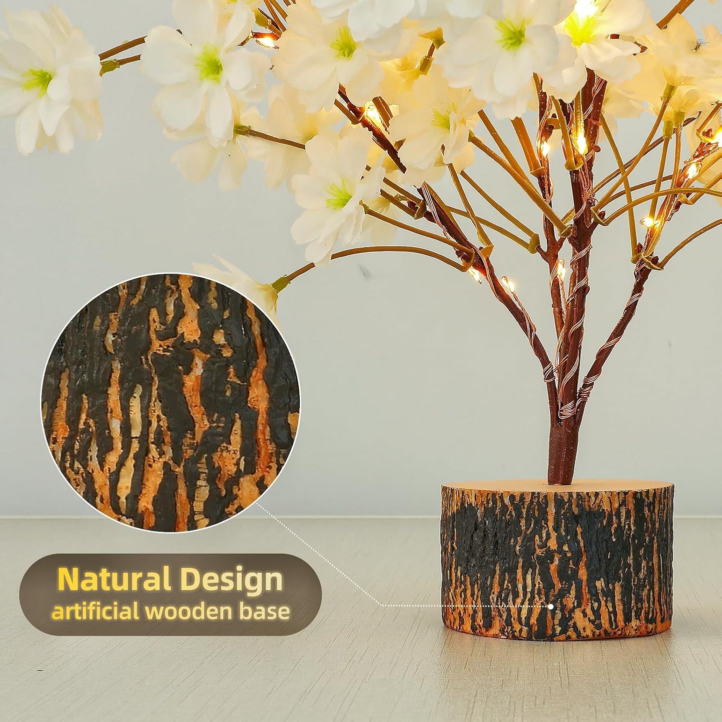 19Inch Cherry Blossom Tree Light, Lighted Artificial Tree with White Silk Flowers, Battery Operated Lamp with Timer for Summer Wedding Decorations,49 Fairy LEDs