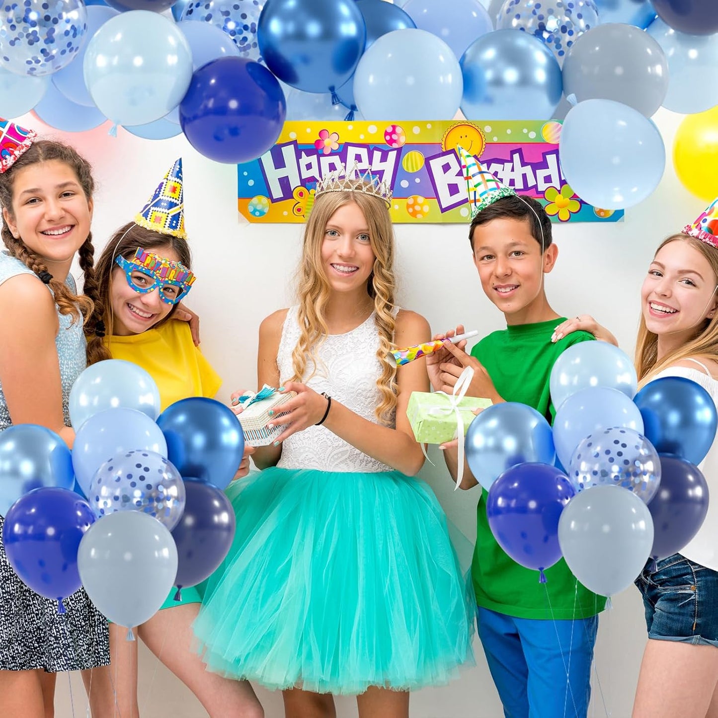 100pcs Blue Balloons - 12inch Metallic Royal Navy & Pearl Blue Balloons with Confetti for Birthday Baby Shower Graduation Party Decorations (with 66ft Ribbons)