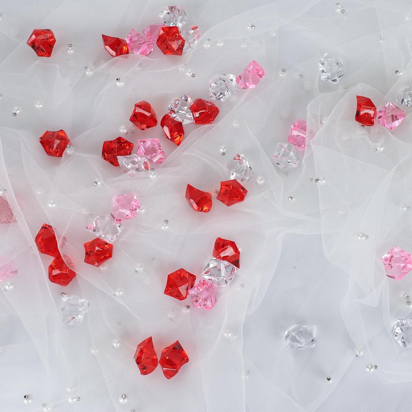 Babenest Acrylic Crushed Ice Rocks, 150 PCS Fake Crystals Plastic Ice Cubes Diamonds Gems for Vase Fillers, Home Decoration, Table Scatter, Event, Wedding, Arts & Crafts(Clear/Pink/Red)