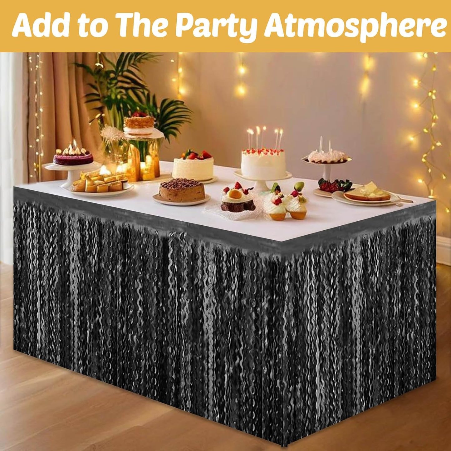 6 Pack 29x108 Inch Black Wave Foil Fringe Table Skirts Metallic Banner for Tinsel Streamer Garland Backdrop for Parade Floats Wedding, Mother's Day, Birthday Mardi Gras Party Decorations