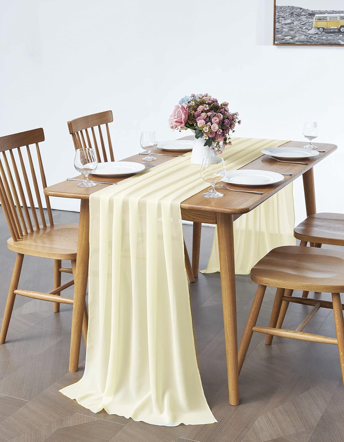 5 Pack 10Ft Light Yellow Chiffon Table Runner Sheer 29x120 Inch for Romantic Wedding Decor Bridal & Baby Shower Birthday Rustic Party Decoration