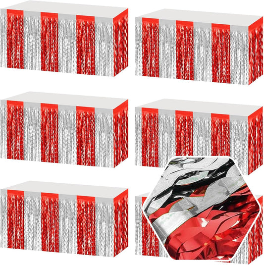 6 Pack 29 x108 Inch Red Silver Wave Foil Fringe Table Skirts Metallic Banner for Tinsel Streamer Garland Backdrop for Parade Floats, Mother's Day, Easter, Wedding, Birthday Party Decoration