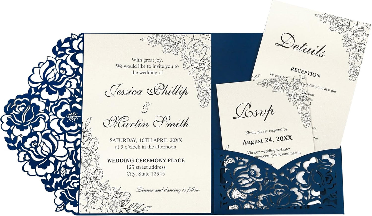 DORIS HOME 50pcs Laser Cut Wedding Invitation Pockets with Envelopes Blue, 5.12" x 7.12"Invitation Cards for Wedding, Anniversary (No Inserts Included)