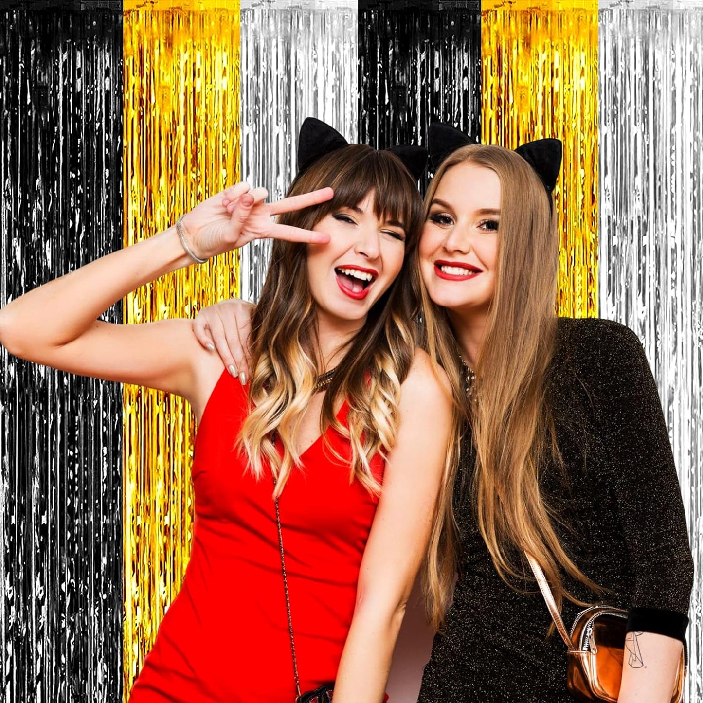 4 Pack Black Gold Silver Foil Fringe Curtain Backdrop, 3.28Ft x 8.2Ft Metallic Tinsel Foil Fringe Streamers for Photo Booth, Wedding, Notorious One Birthday Roaring 20s Graduation Party Decoration