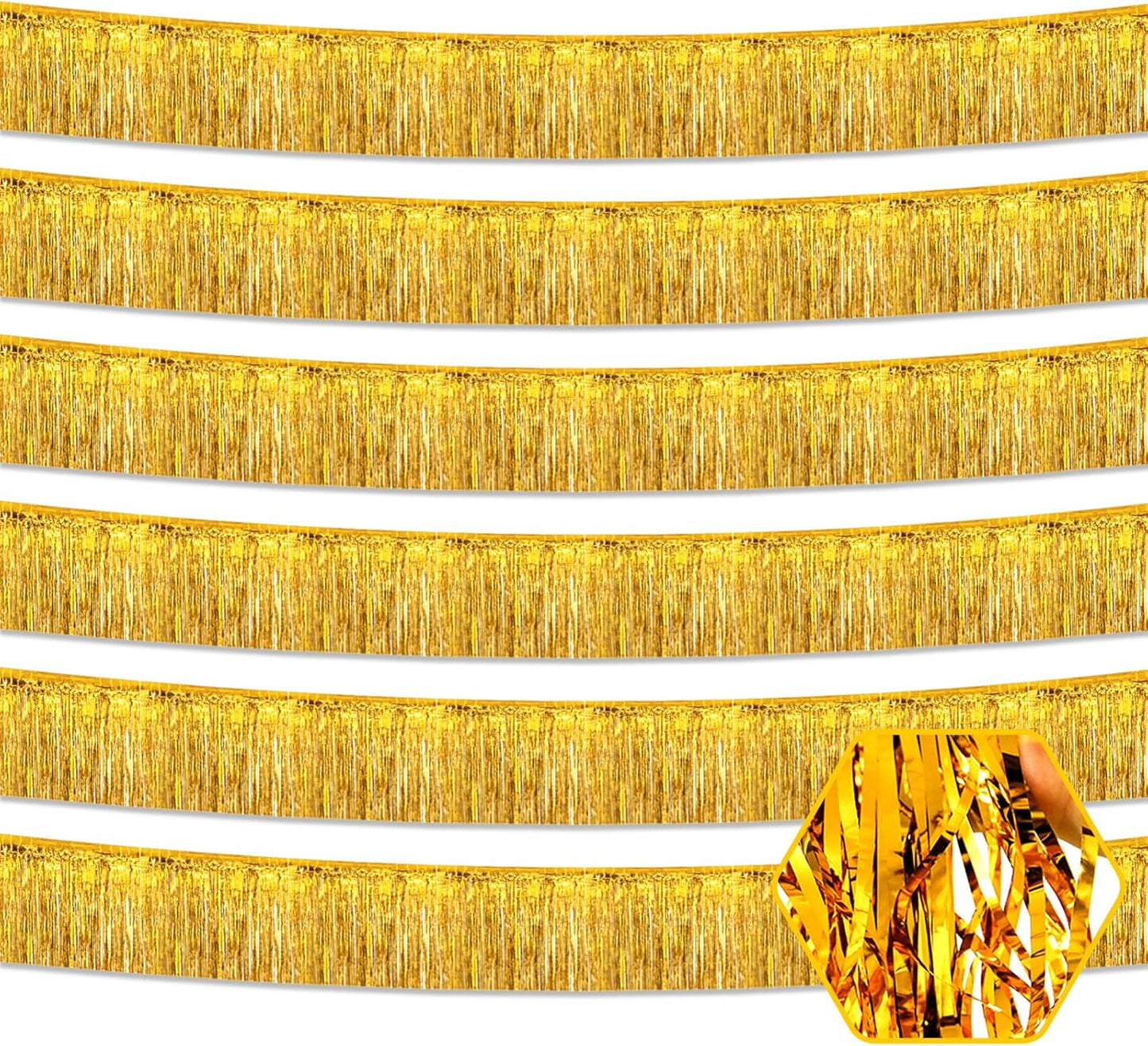 6 Pack 10 Feet Gold Foil Fringe Garland Metallic Tinsel Streamers Banner Wall Hanging Curtain Backdrop for Parade Floats, Birthday, Graduate, Mother's Day, Wedding Party Decoration