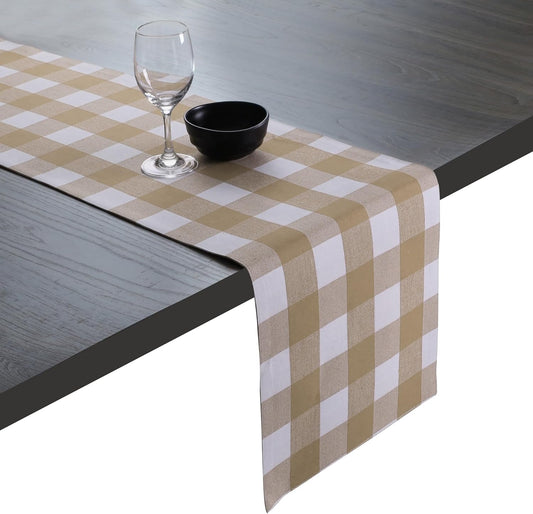 Native Fab Table Runner Buffalo Check Plaid 100% Cotton - 13x90 Inches Kitchen Dining Table Decoration for Indoor Outdoor Farmhouse Home Party Decor - Beige and White