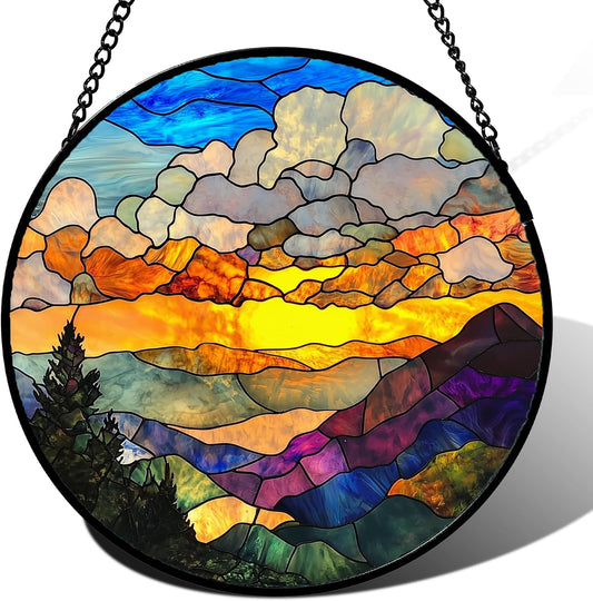 Stained Glass Window Hanging, Abstract Clouds Mountains Landscape Suncatcher for Doors Window Home Sun Catchers Decor Mother's Day Birthday Gifts for Women, Men Mom 11.8 in
