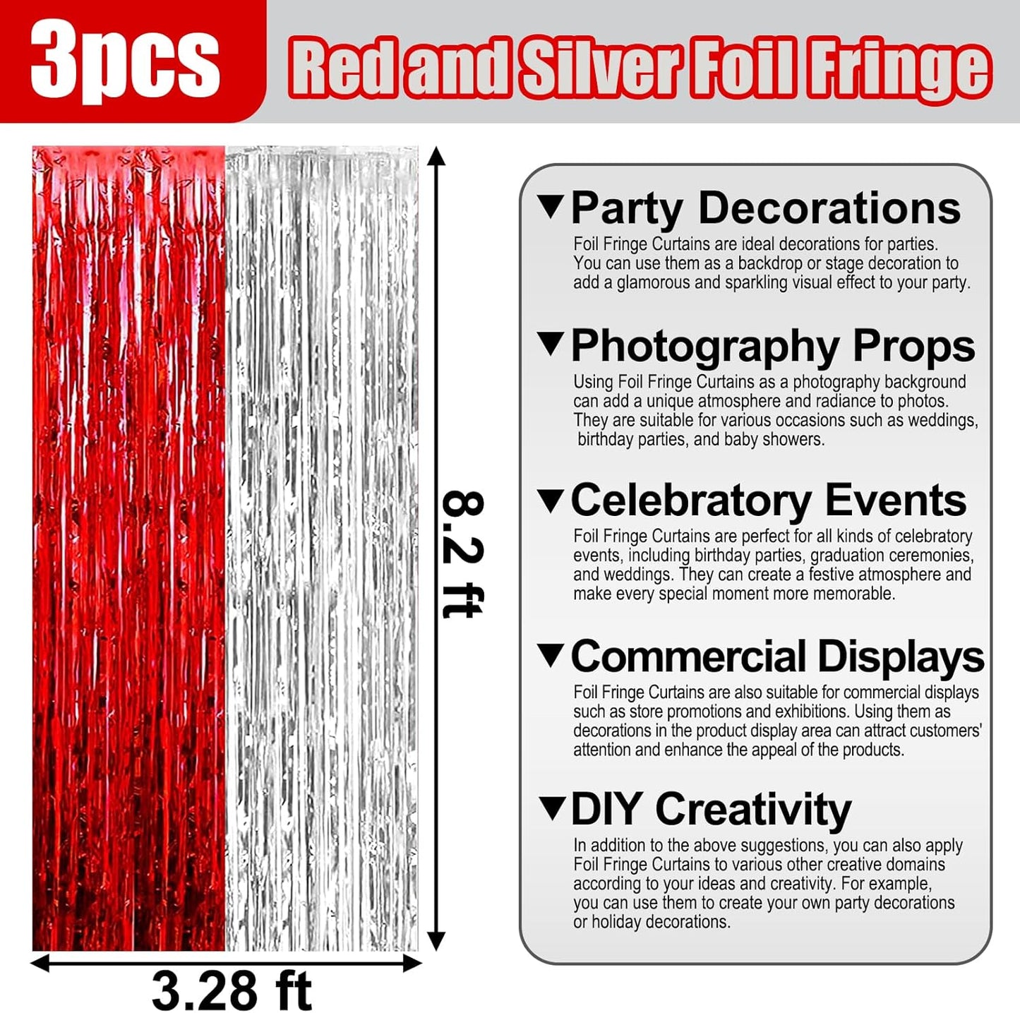 3 Pack Red Silver Foil Fringe Curtain Backdrop, 3.28Ft x 8.2Ft Metallic Tinsel Foil Fringe Streamer Curtains for Photo Booth, Christmas Day, Thanksgiving, Wedding, New Year Party Decorations