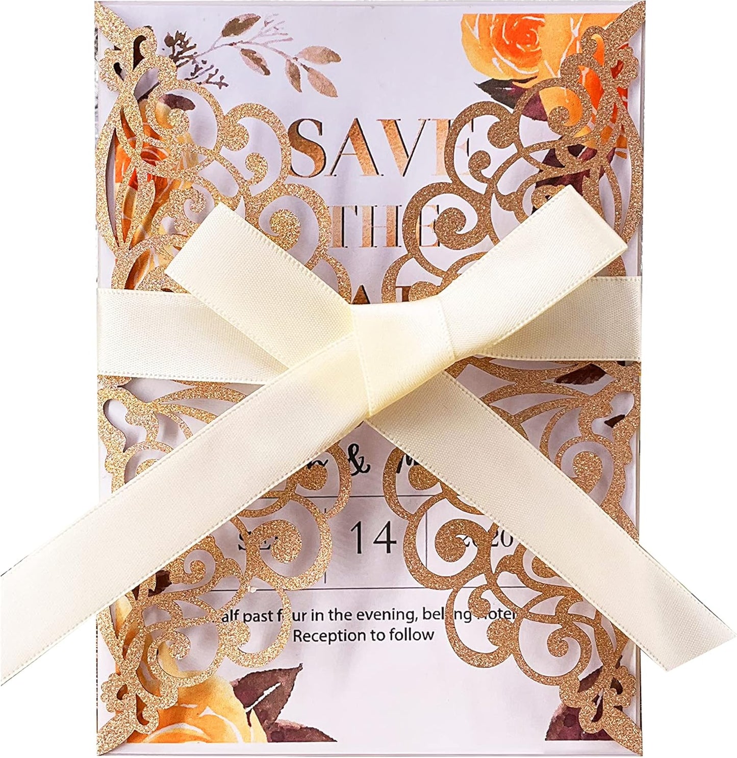 50Pcs Laser Cut Wedding Invitation With Glitter Envelopes And Ribbons Blank Personalized Card Invitaciones Para quinceañera Birthday Baby Shower Christmas Party Bridal Shower (Rose Gold)