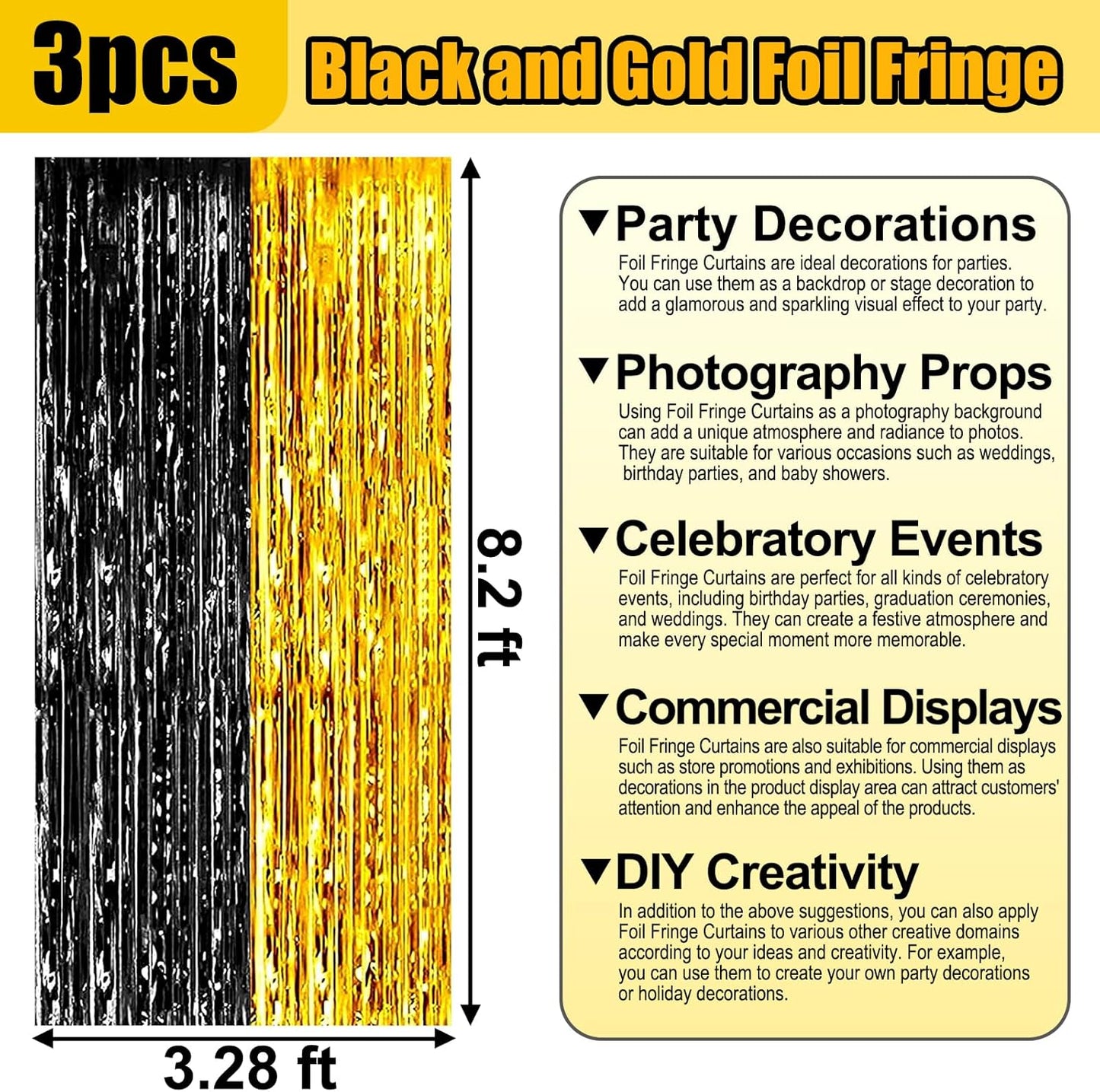 3 Pack Black Gold Foil Fringe Curtain Backdrop, 3.28Ft x 8.2Ft Metallic Tinsel Foil Fringe Streamer Curtains for Photo Booth, Christmas Day, Thanksgiving, Wedding, New Year Party Decorations