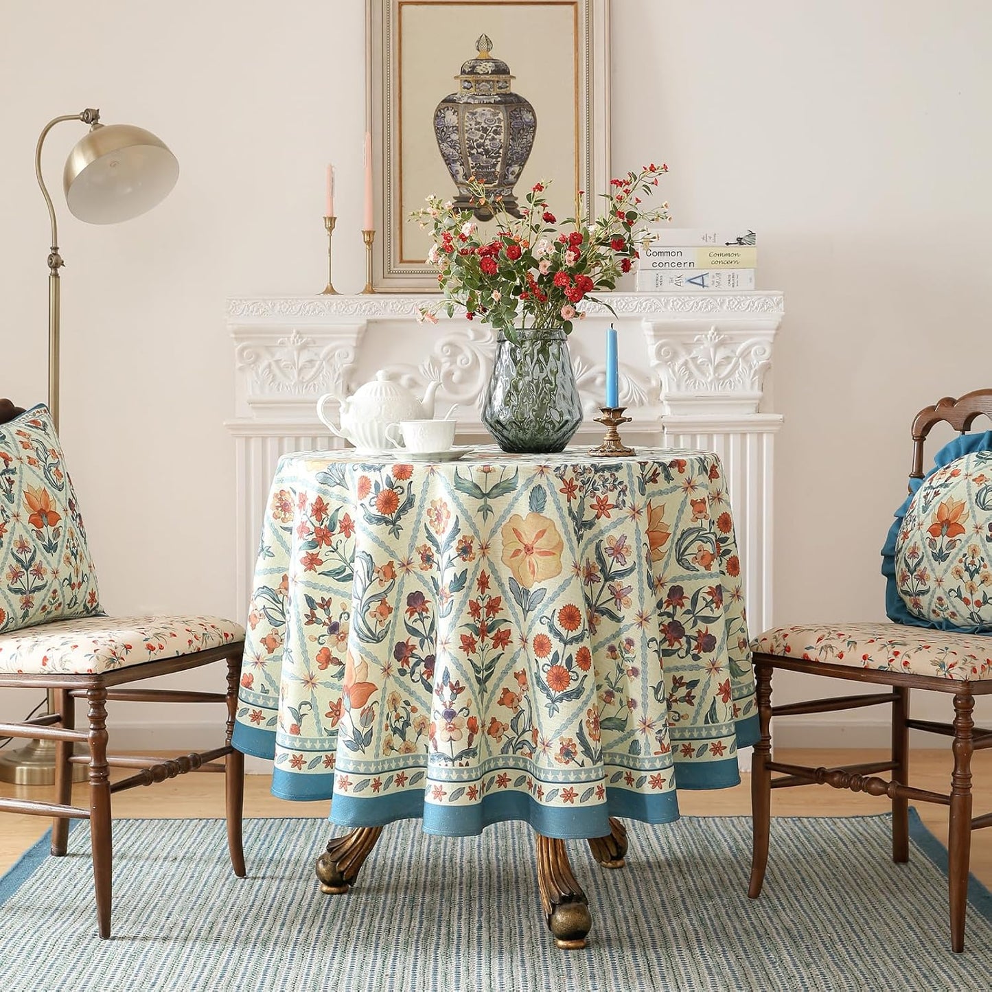 ISAENNE Designer Linen Elegant Small Round Tablecloth,Colorful Floral Bohemian Table Cloth,Wrinkle Resistant Decor Tablecloths for Dining Thanksgiving Kitchen Christmas,Diameter 55"-Floralsea A