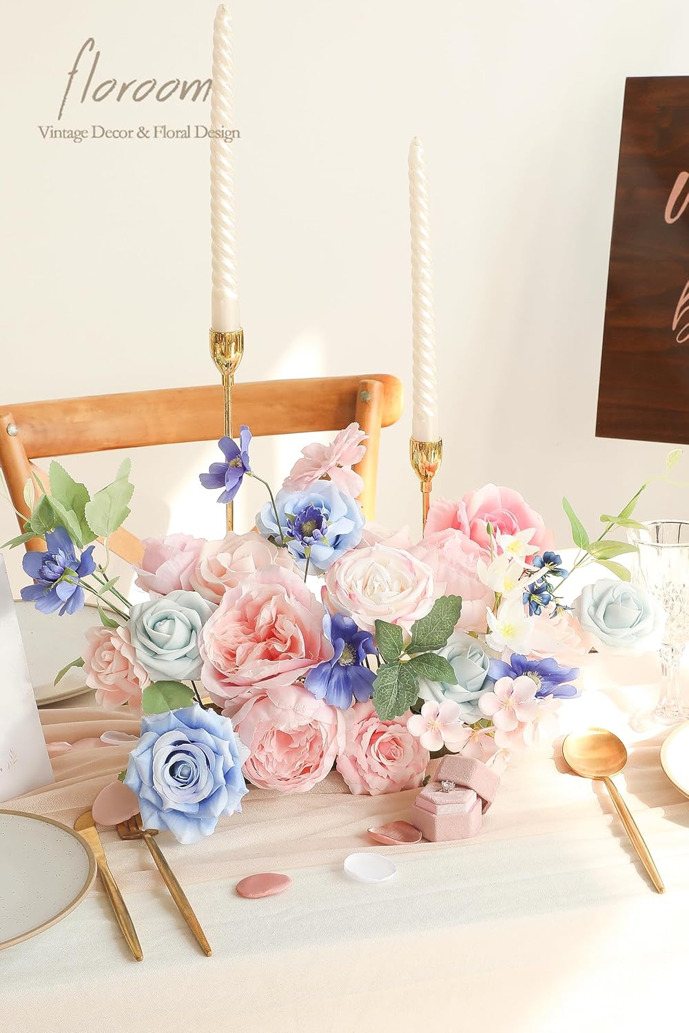 Floroom Pink Blush Blue Artificial Flowers Fake Roses Peonies and Greenery Combo Box Set for DIY Wedding Bouquets Bridal Shower Centerpieces Floral Arrangements Party Tables Home Decorations