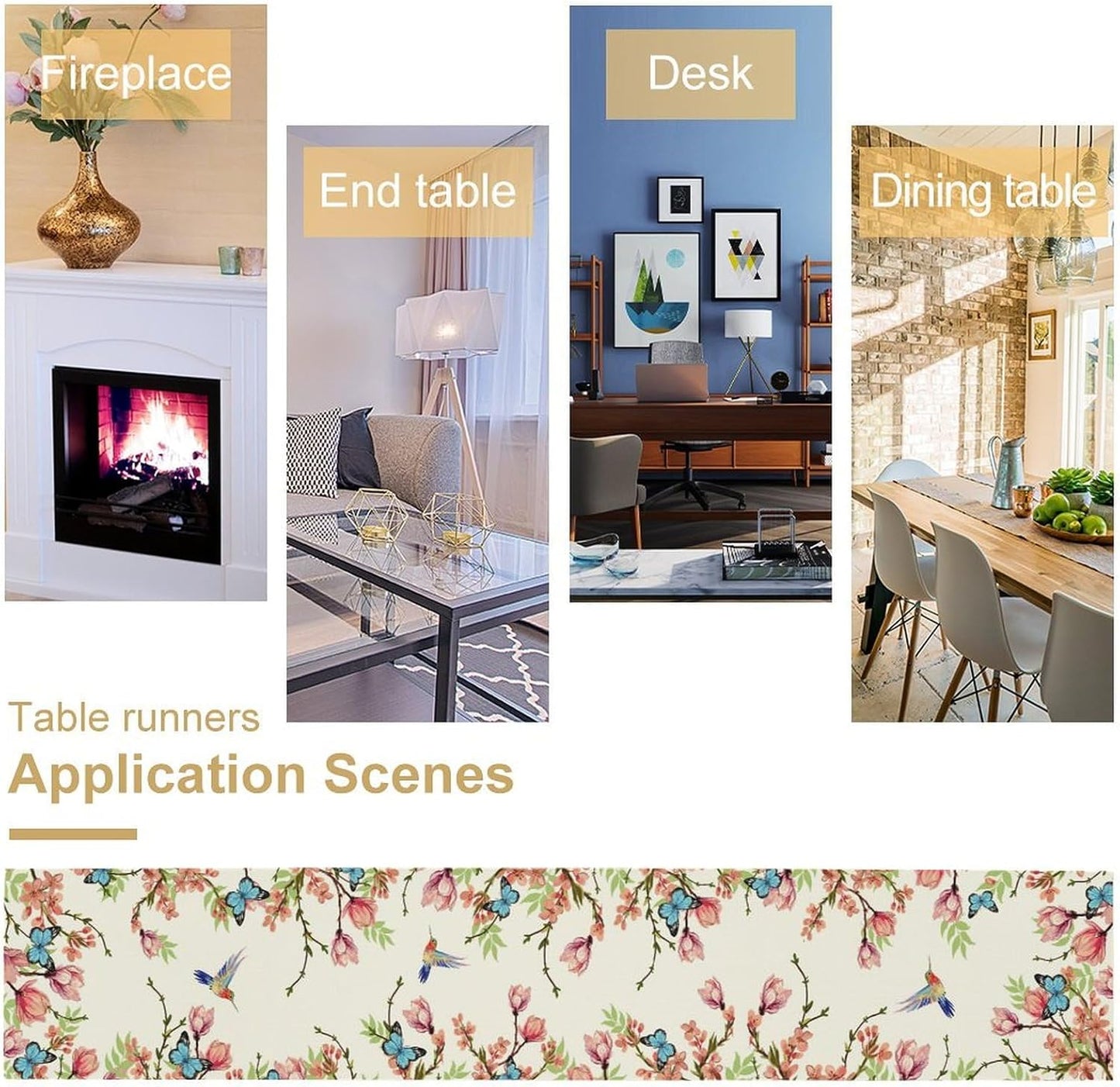 Floral Butterfly Table Runner Seasonal Spring Flower Bird Table Decoration Table Runner for Home Party Decoration 13x60 Inch