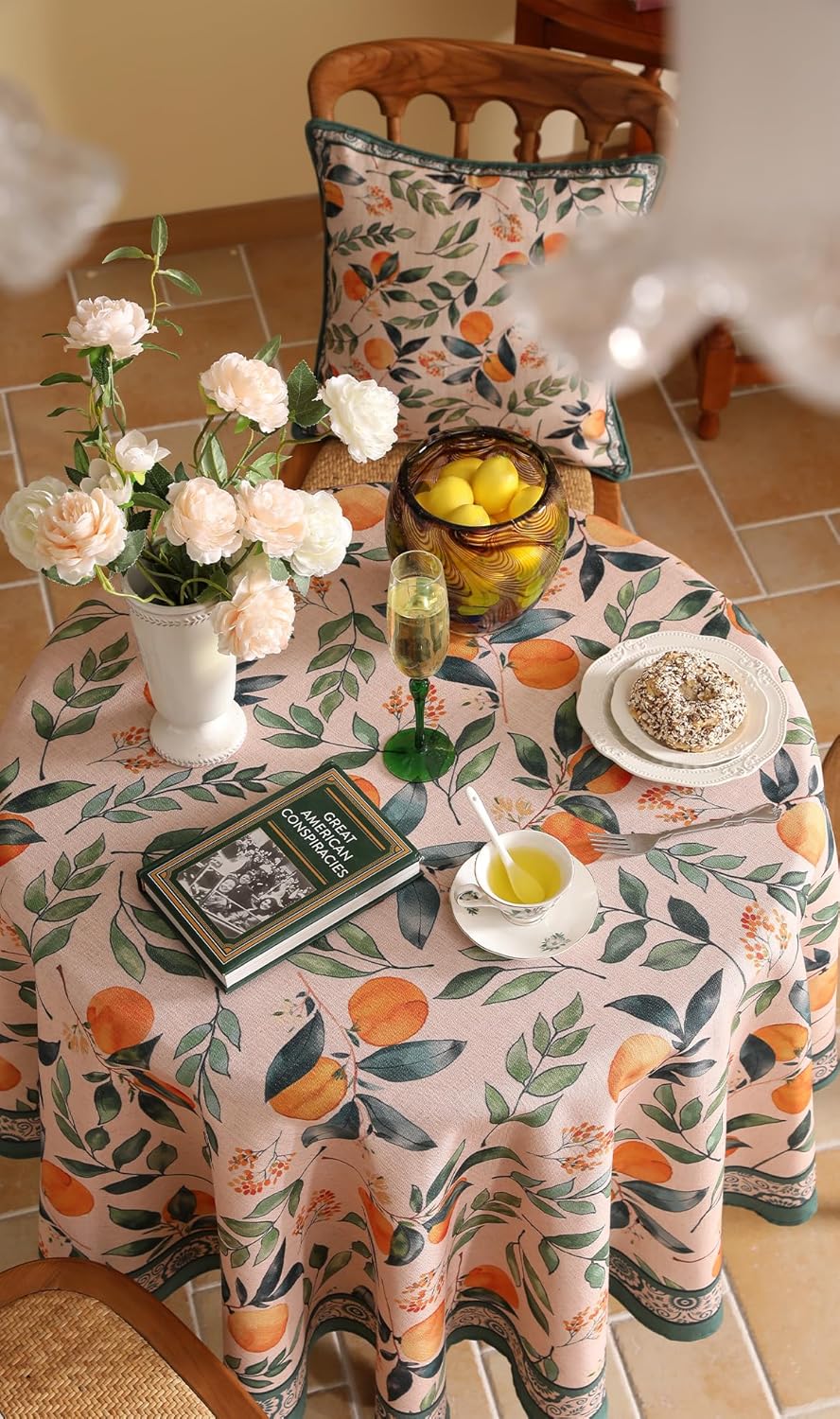 patdrea Designer Linen Small Round Table Cloth,Vintage Framhouse Oranges and Leaves Pattern Tablecloth,Decor Table Cover for Kitchen Dining Christmas,Thanksgiving,Party,Diameter 55"-Palladin a