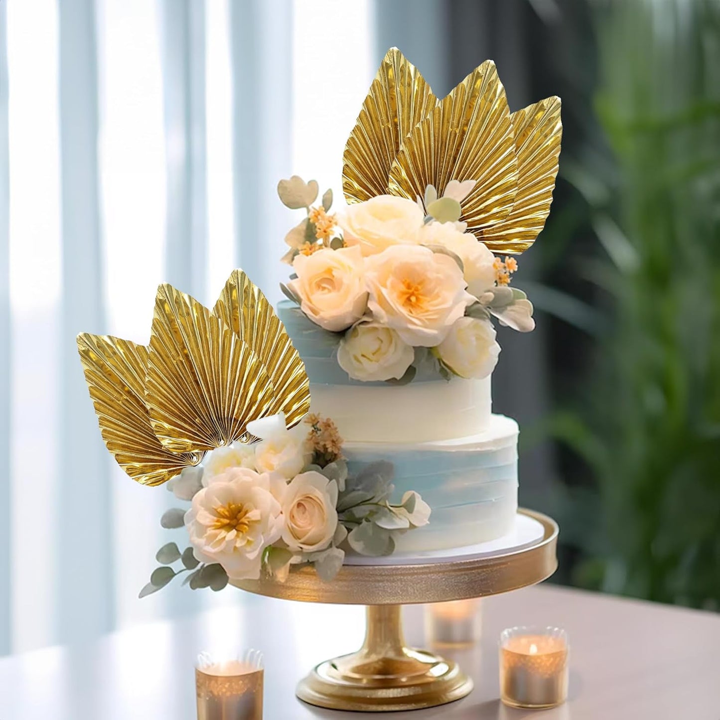 Ephlyn 6Pcs Paper Palm Leaves Fan Cake Toppers Palm Leaf Fan Cake Picks Craft DIY Fan Cupcake Toppers Palm Spear Leaves Cake Decorations for Baby Shower Wedding Birthday Party Supplies Bright Gold