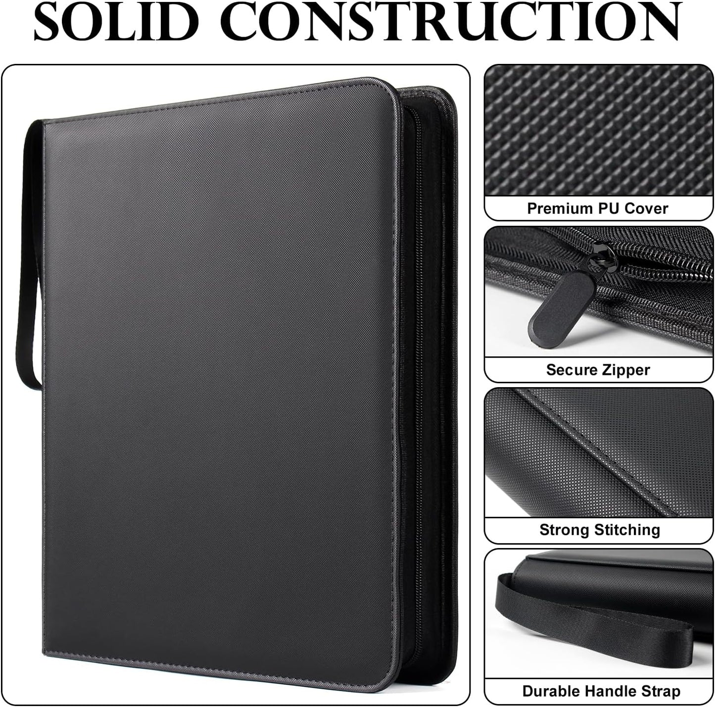 GEAoffice Trading Card Binder 12 Pocket Hold 720 Cards, Premium PU Cover Zipper Collection Binder, Ringless Sturdy Side Loading Card Album Folder for YuGiOh, MTG, TCG, Game & Sports, Non-PVC, Black