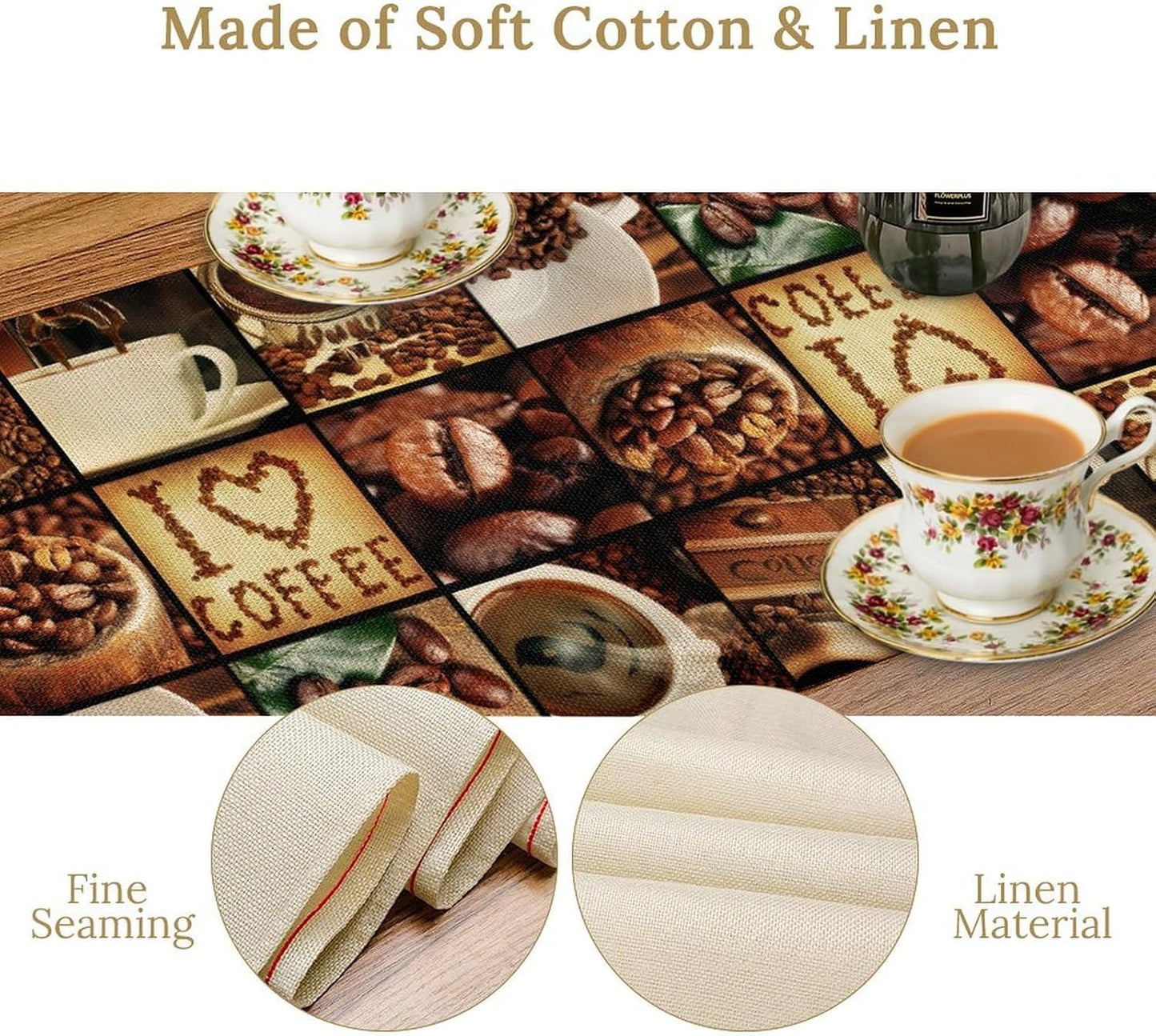 Coffee Theme Table Runner, Retro Farmhouse Coffee Cup Latte Cappuccino Tea Party Cafe Table Center Decor for Home Kitchen Dining Patio Holiday Party Indoor Outdoor Table Decorations,13"x36" Inch