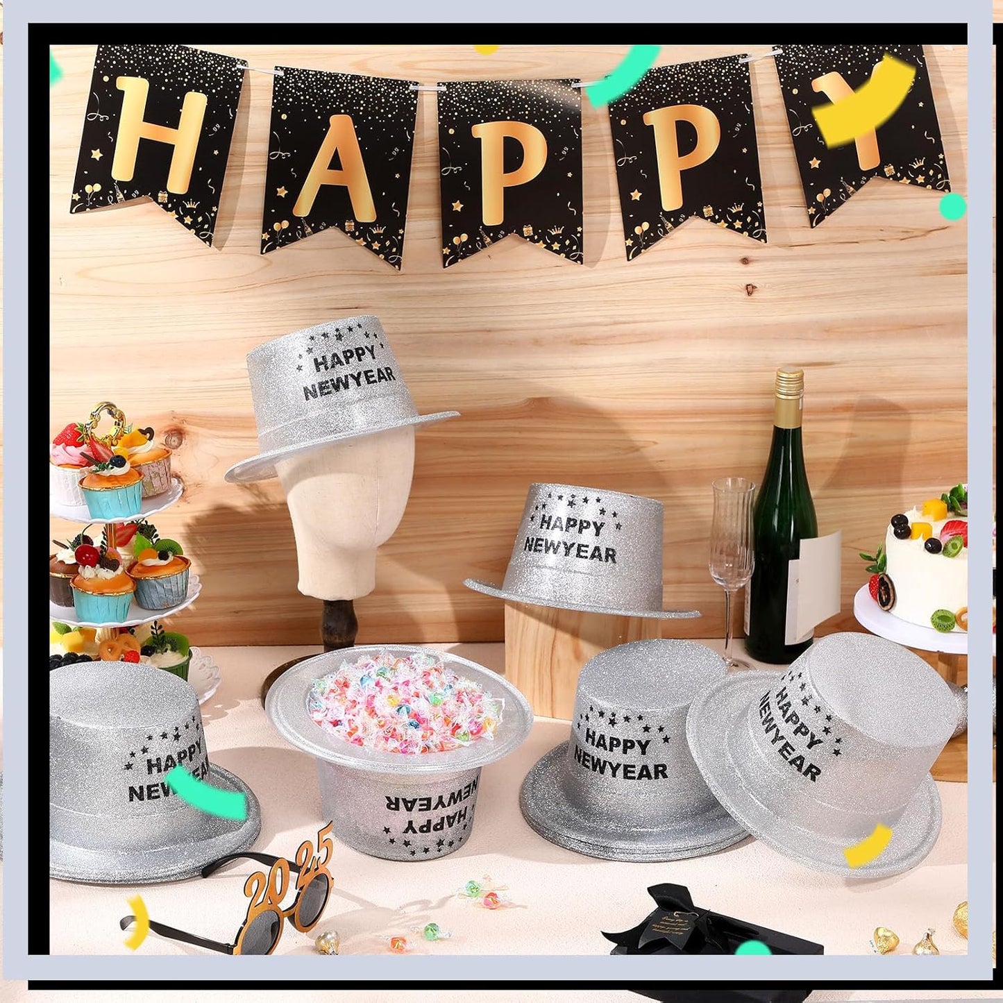 Hillban 12 Pcs Top Hats Halloween Glitter Plastic Retro Disco Party Hats for Halloween Magician Birthday Wedding Carnivals(Silver with Letter,Novel)