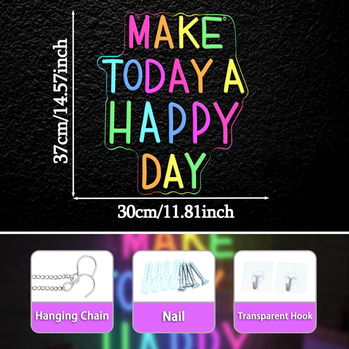 Make Today a Happy Day Neon Sign,Dimmable Positive Quote Neon Light Inspirational Letter LED Light for Wedding School Office(11.81 * 14.57In)