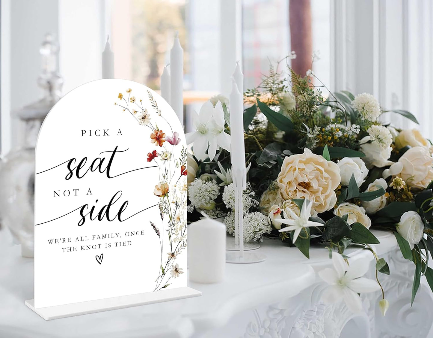 Boho Floral Pick a Seat Not a Side Sign, 6 x 8 Inch White Arch Acrylic Wedding Sign with Holder, Wedding Sign for Ceremony and Reception, Wedding Decoration, Wedding Supplies - BX17