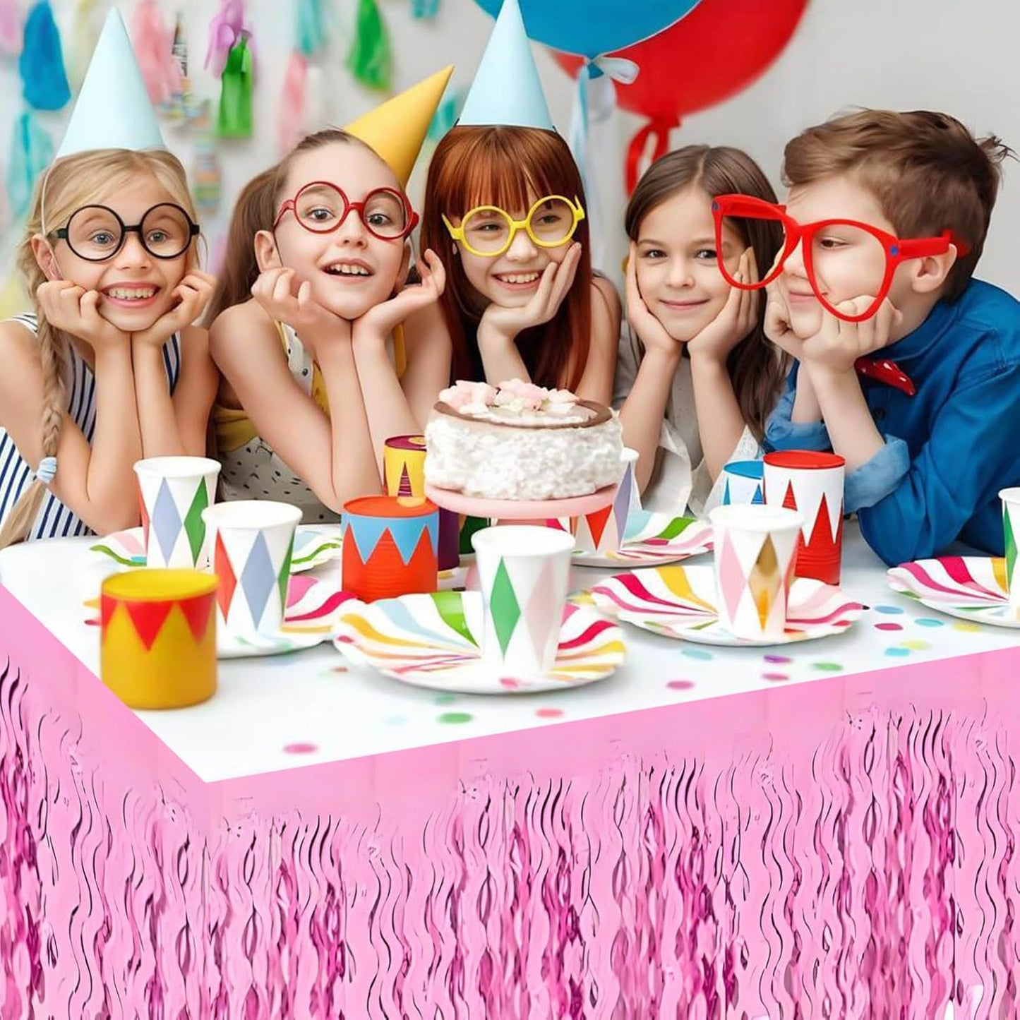 6 Pack 29x108 Inch Pink Wave Foil Fringe Table Skirts Metallic Banner for Tinsel Streamer Garland Backdrop for Parade Floats Wedding, Mother's Day, Birthday Mardi Gras Party Decorations