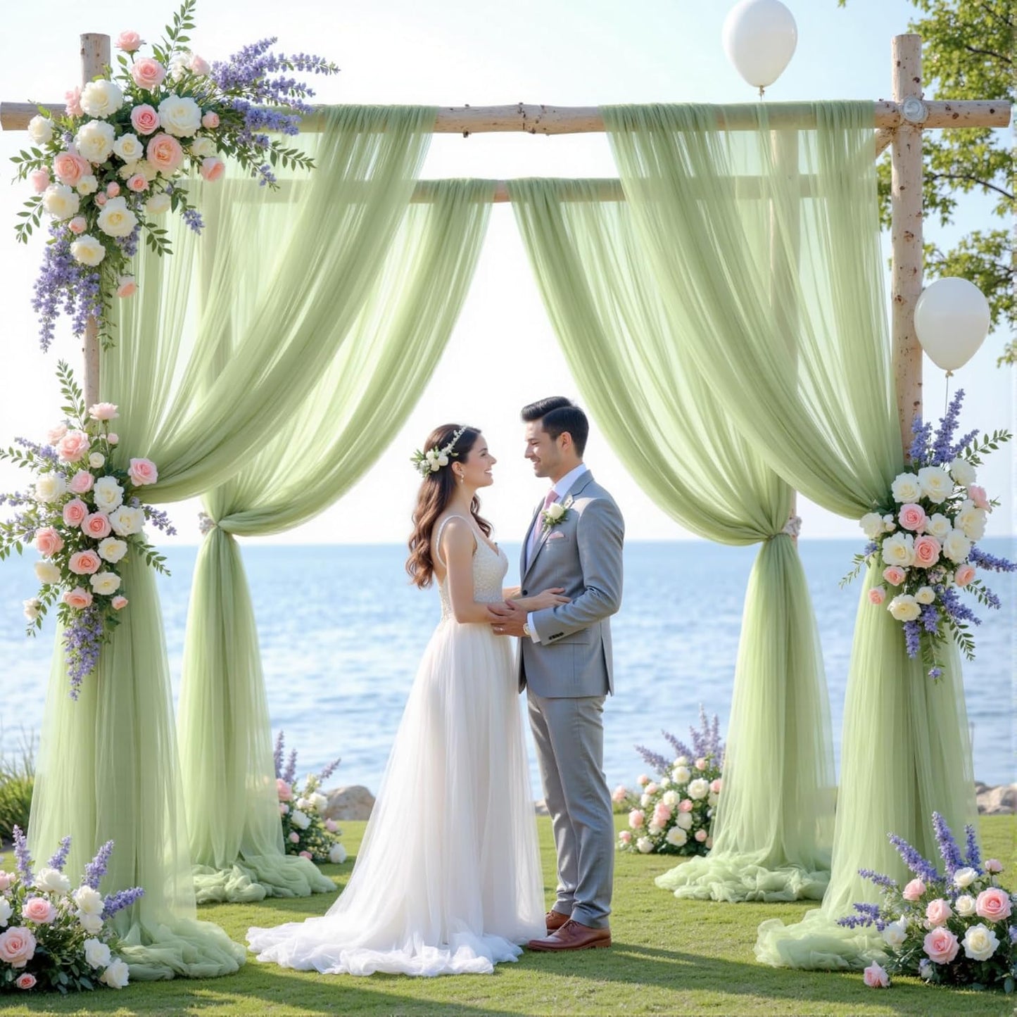 Wedding Arch Draping Fabric Backdrop 2 Panel 60" x 26Ft Sage Green Drapes Curtains for Wedding Reception Sheer Tulle Backdrop Curtain for Ceremony Birthday Party Baby Shower Arbor Ceiling Decorations
