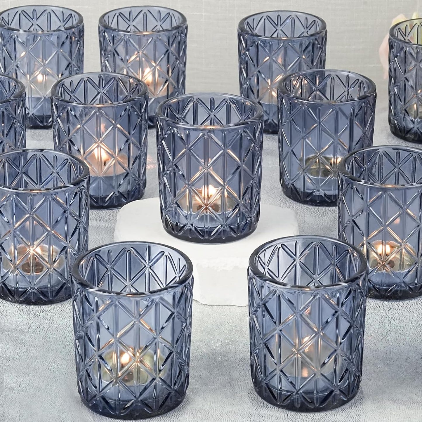 48pcs Blue Votive Tealight Candle Holders, Glass Tea Light Candle Holders for Table Centerpieces, Candle Holder for Wedding Decor, Gift, Home Decoration（Blue,48）