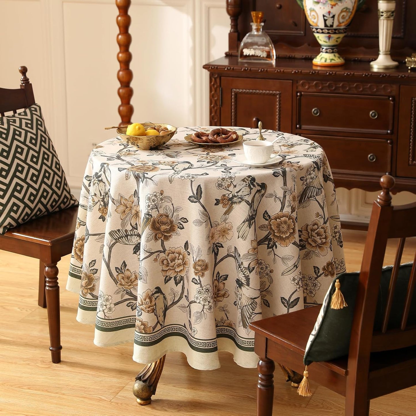 ISAENNE Designer Vintage Linen Small Round Table Cloth,Floral and Bird Pattern Elegant Tablecloth,Fall Wrinkle Resistant Home Decor Tablecloths for Dining Kitchen,Diameter 55"-Murad A