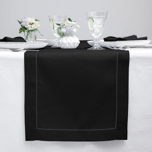Solino Home Linen Black Table Runner 48 Inches - Classic Hemstitch, 100% Pure Linen Coffee Table Runner 14 x 48 Inch Ideal for Dresser Tables - Fall, Autumn, Halloween, Thanksgiving, Holiday