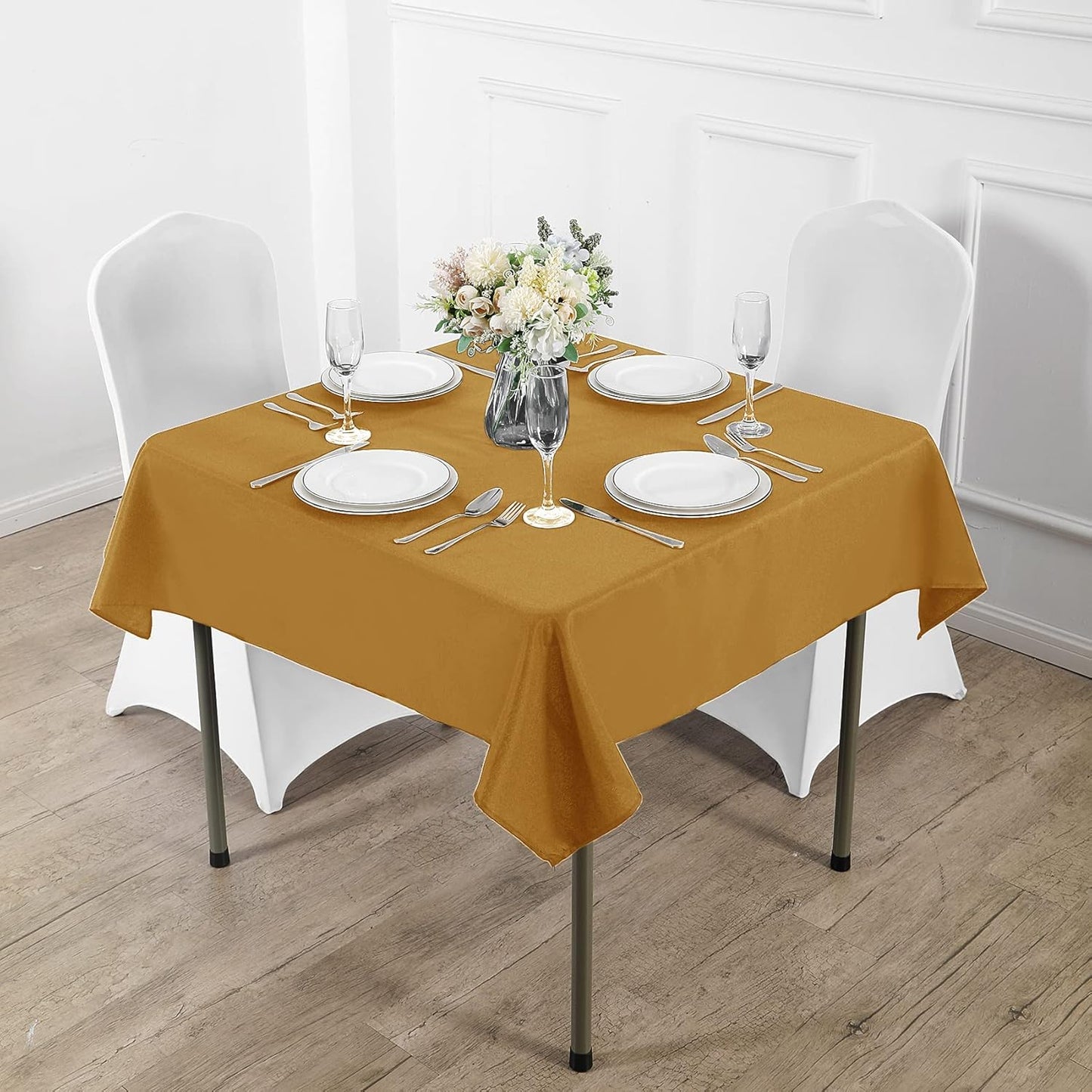 Fokitut 2 Pack Waterproof Square Tablecloth, 52x52 Inch, Stain Resistant and Wrinkle Polyester Table Cloth, Fabric Table Cover for Kitchen Dining, Wedding, Party, Holiday Dinner-Gold