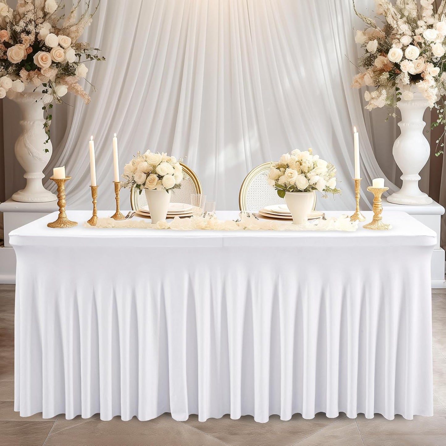 Wish Care 2 Pack White Spandex Table Clothes for 6 Foot Rectangle Tables, 6FT Wrinkle Free Fitted Tablecloths Ruffles Design Table Cover for Party, Banquet, Wedding and Events