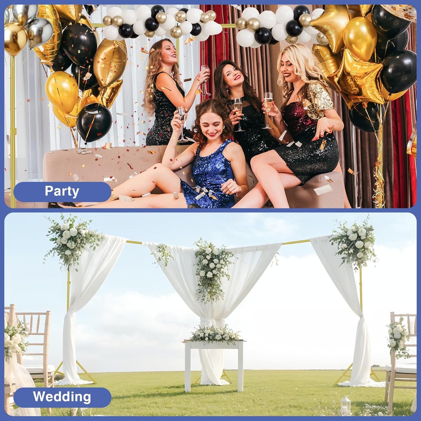 EMART Backdrop Stand, 20x7ft(WxH) Large Adjustable Background Support System with 308° Angle Rotatable Connector, 8 Clamps, 3 Sandbags and Carry Bag for Paties, Wedding, Photography -Titanium Gold