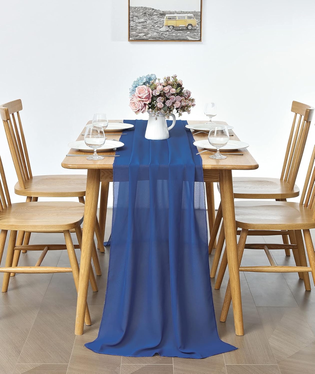 2 Pack 10Ft Royal Blue Chiffon Table Runner Sheer 29x120 Inch for Romantic Wedding Decor Bridal & Baby Shower Birthday Rustic Party Decoration