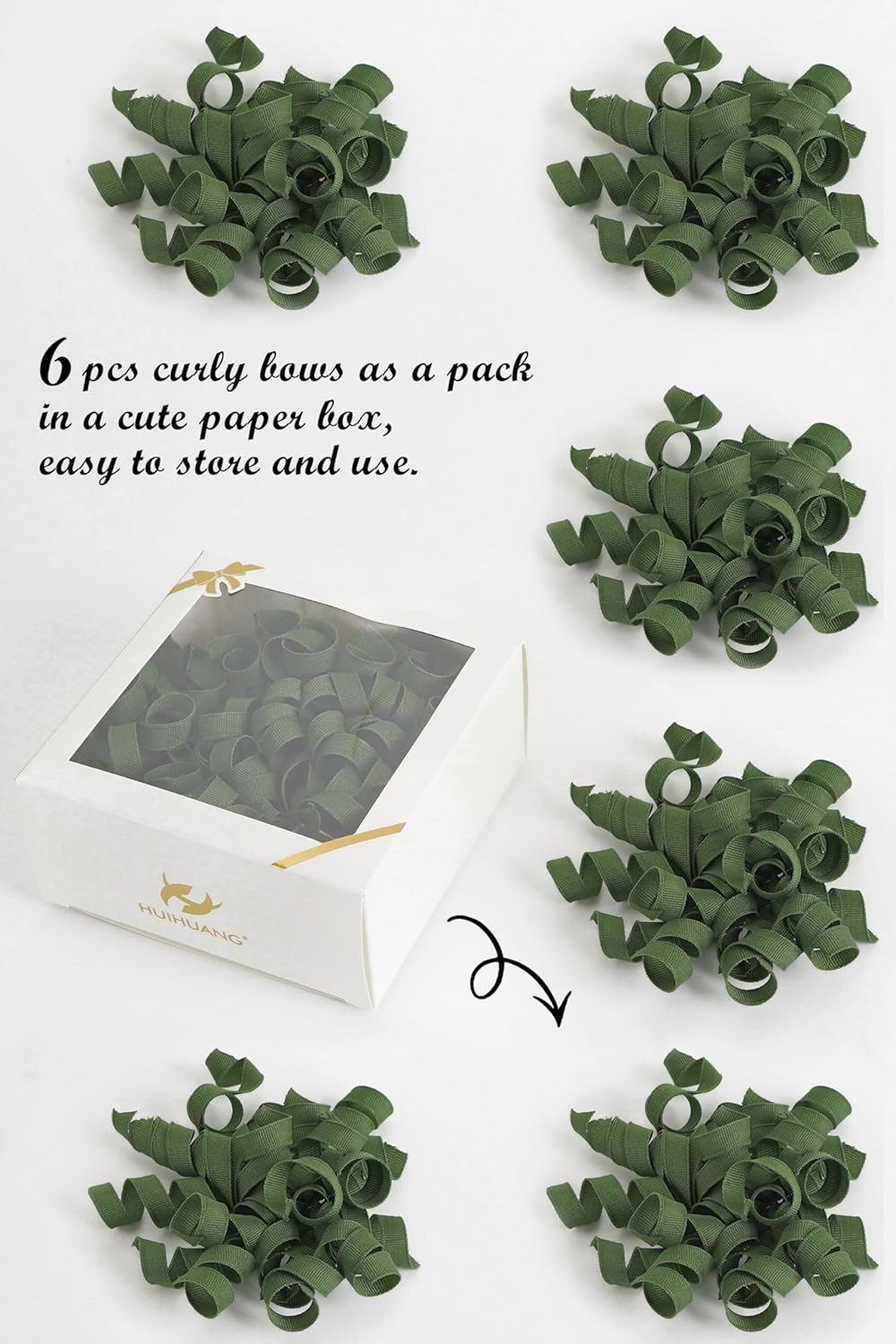 HUIHUANG Moss Green Bows for Gift Wrapping, Green Curly Ribbon Bows Self Adhesive Burst Gift Bow for Presents, Wine Bottle, Treat Bags, Wrap Accessories, Christmas, Wedding Party Favor - 6 Counts