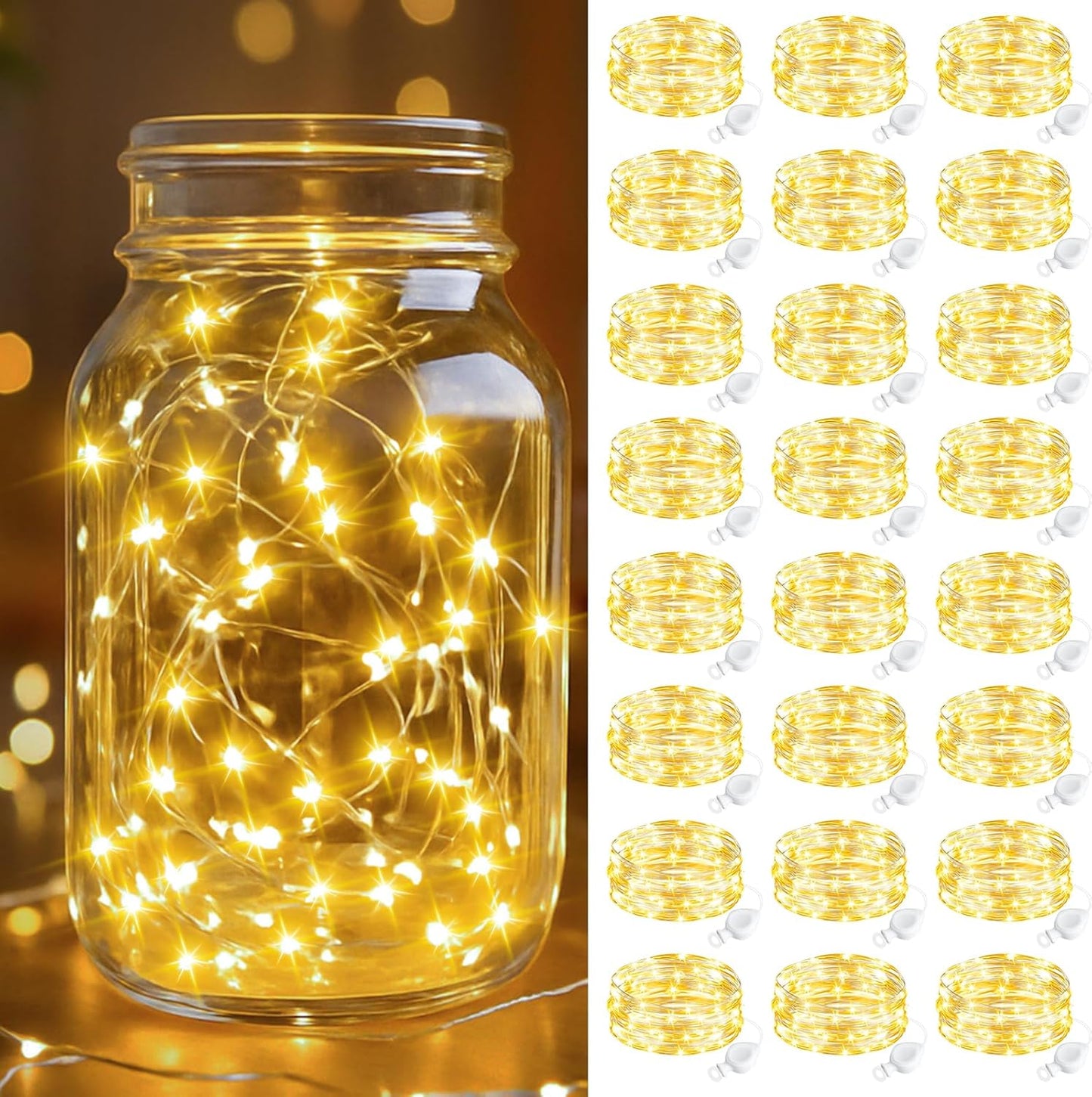 btfarm 24 Pack Fairy Lights Battery Operated, 7FT 20 LED Mini String Lights Waterproof Silver Wire for Mason Jars Centerpiece Table Crafts Bedroom Christmas Decoration, Warm White
