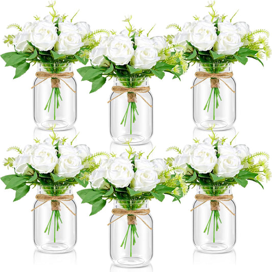 6 Set Centerpiece Table Decorations Mason Jar Table Centerpiece with Flower Mason Jar Wedding Centerpieces Vases Decor for Reception Engagement Party Bridal Shower (White Rose)